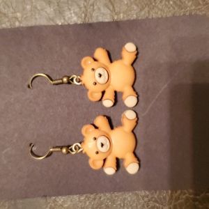 THANDMADE EARRINGS HANDMADE CLAY TEDDY BEARS TAN AND CREAM